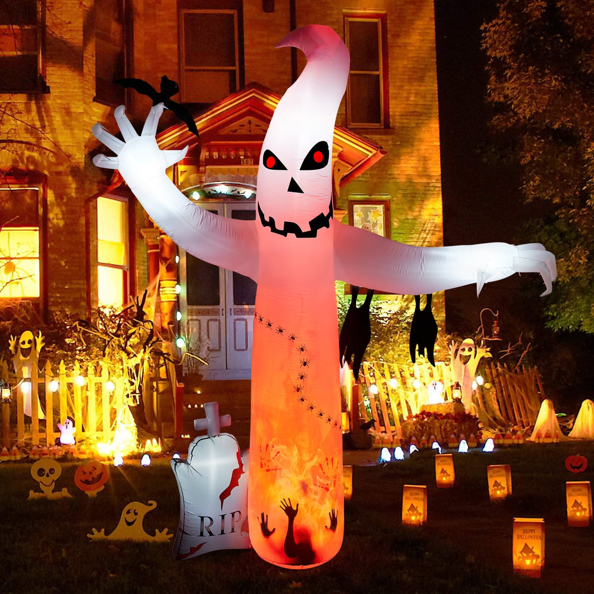 5.7FT Inflatable Halloween Inflatable Crawling Green Ghost with Tombstone Built-in LED Lights Inflatable LED Lights Blow Up Yard Decoration