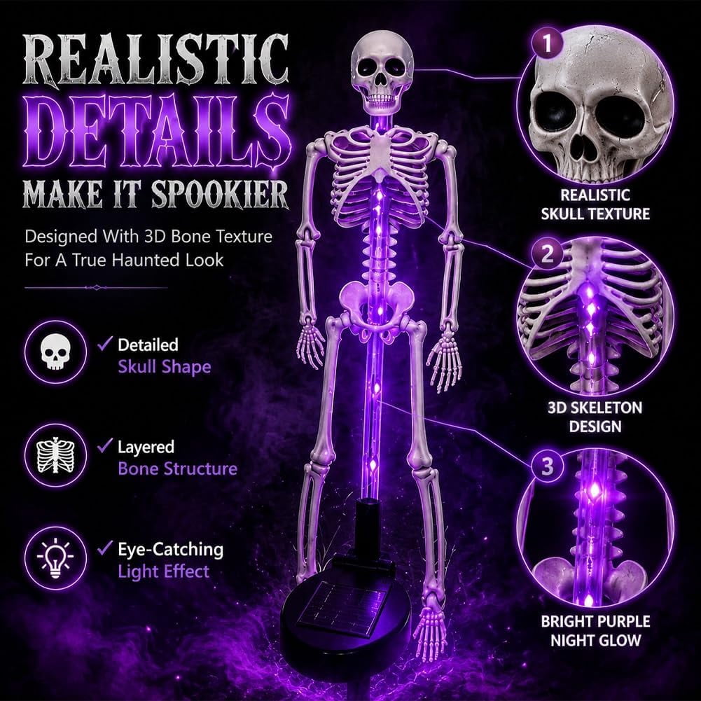 Light up Halloween Decorations - Solar Skeleton Yard Stake Garden Light Bones Figurine, 3D Creepy LED lamp Waterproof Realistic ghosts for Outdoor Grave Lawn Patio House Party Fall Decor Gift