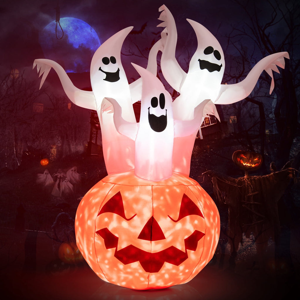Patiojoy 6FT Halloween Inflatable Decorations 3 White Puppets on Pumpkin Halloween Pumpkin Dolls Decor w/ Build-in LED Lights