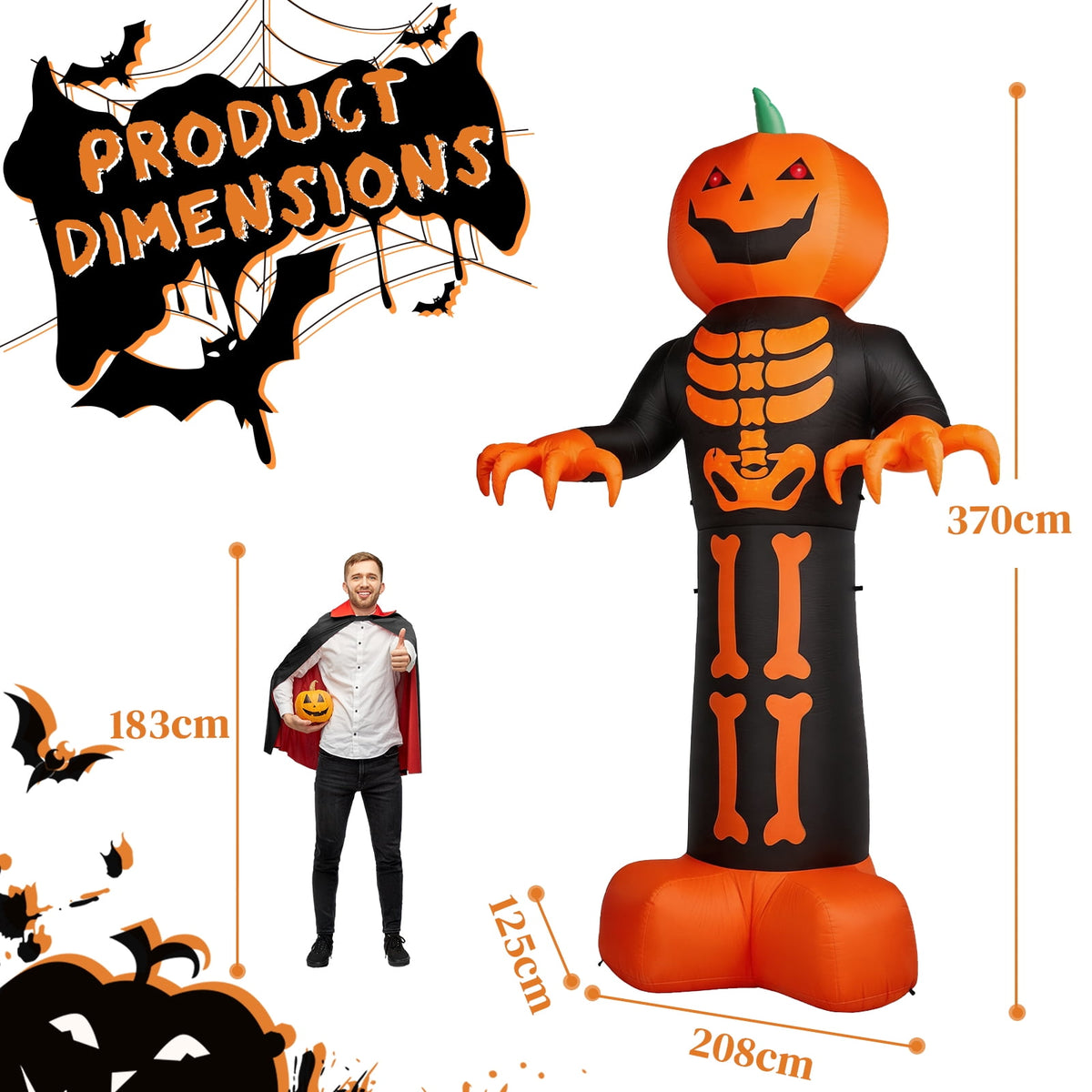 12ft Giant Halloween Inflatable Grim Reaper with Skeleton Ribs and Pumpkin 115 LED Lights