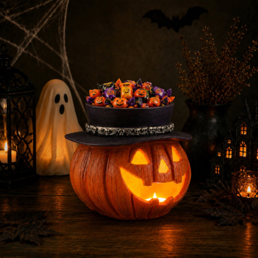 SpookHaven Halloween Jack‑O‑Lantern Pumpkin Mist Sprayer Figurine, LED Light‑Up Fogger with Witch Hat & Skull Decoration, Spooky Ornament for Tabletop Entryway Halloween Party Home Decor