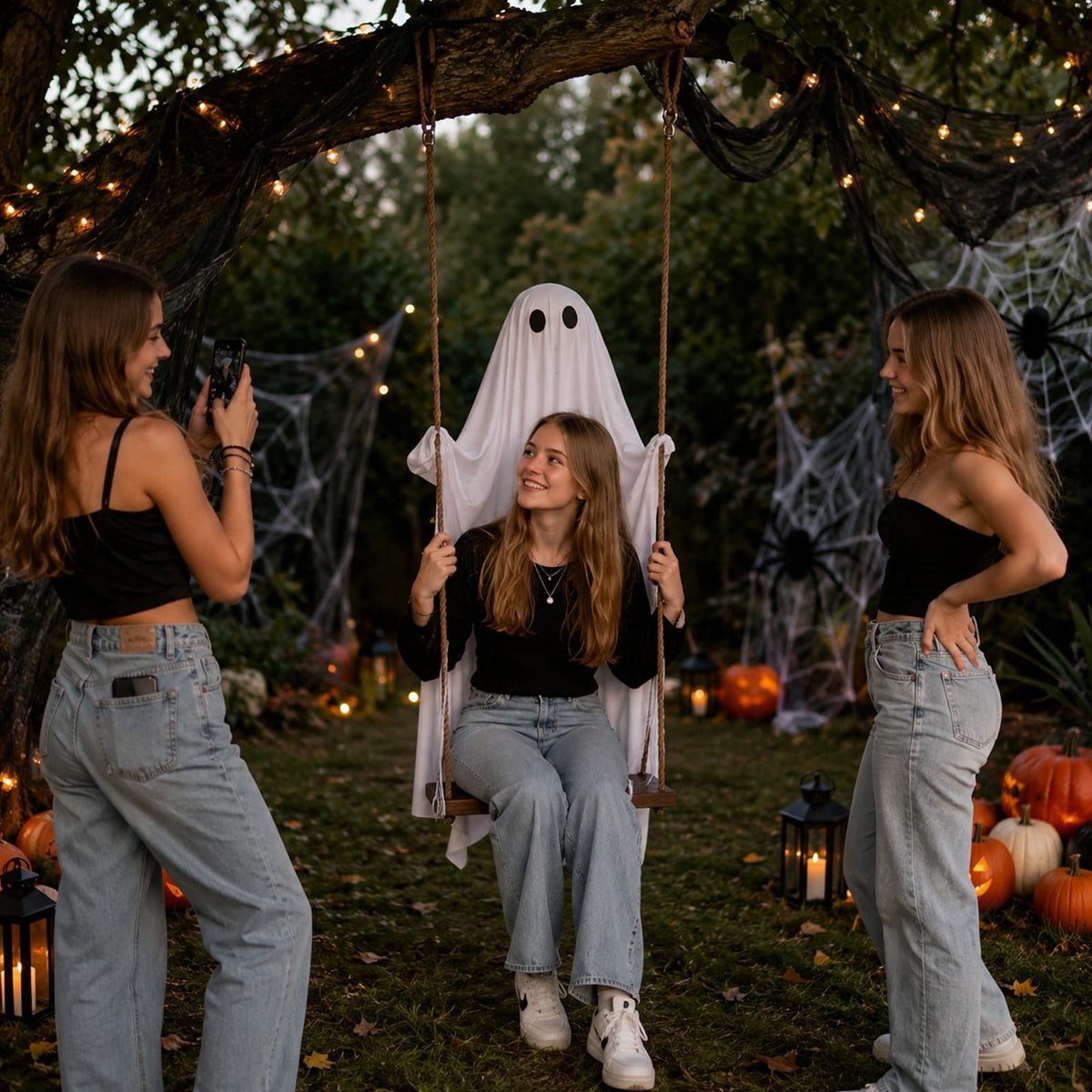 6FT Halloween Hanging Swing Ghost with Remote Control and Lights, People Can Sit On, Halloween Decorations Outdoor, Scary Ghost Halloween Party Decor Outside for Tree Porch Yard Garden Lawn