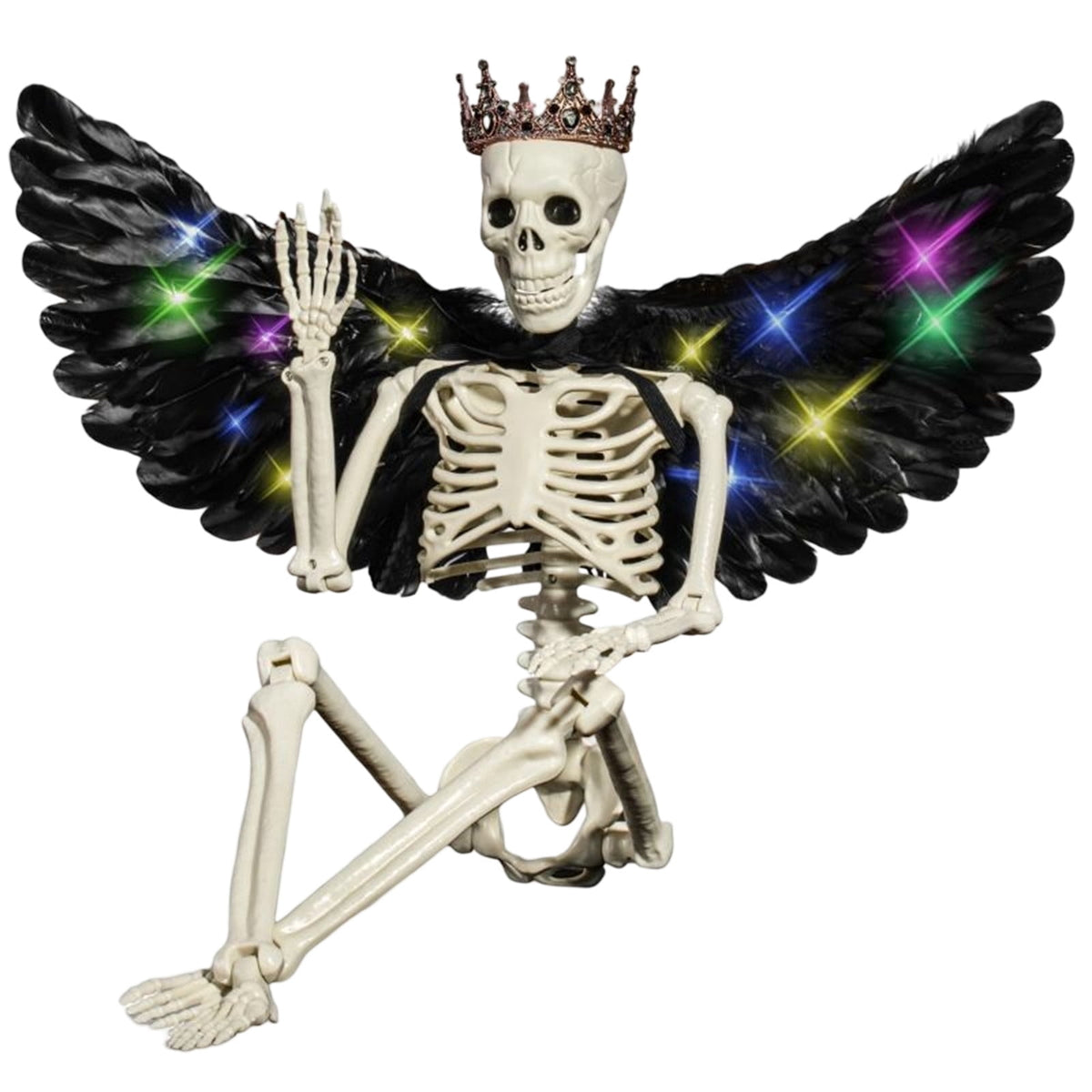 Yujia Halloween 36" Hanging Posable Human Skeleton with LED Wings and Crown, Articulated Full Body Prop for Haunted House, Party, Yard, Home Interior Display
