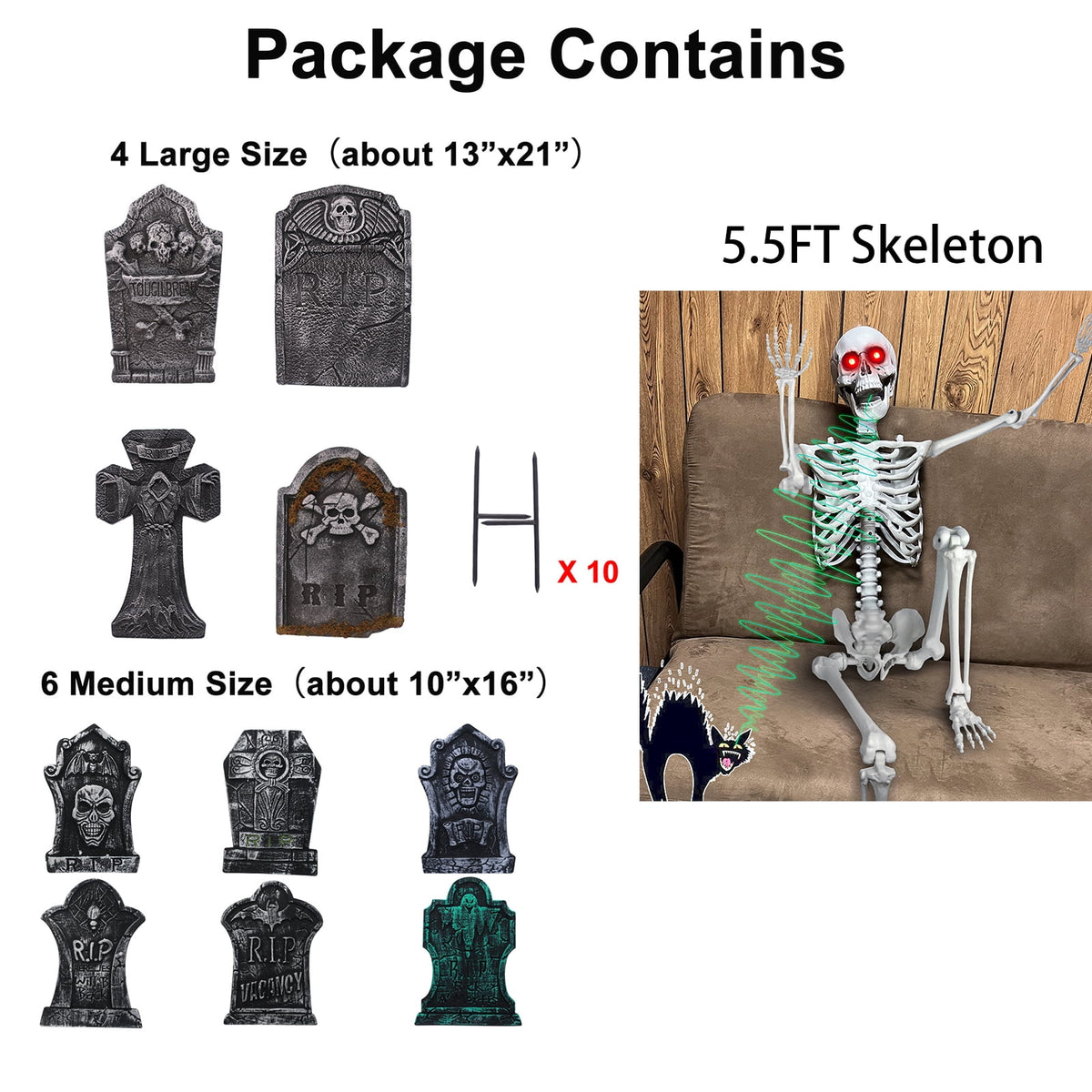 10 Pack Halloween Foam RIP Graveyard Tombstones with 35P Skeleton Bones for Halloween Party Outdoor Decorations