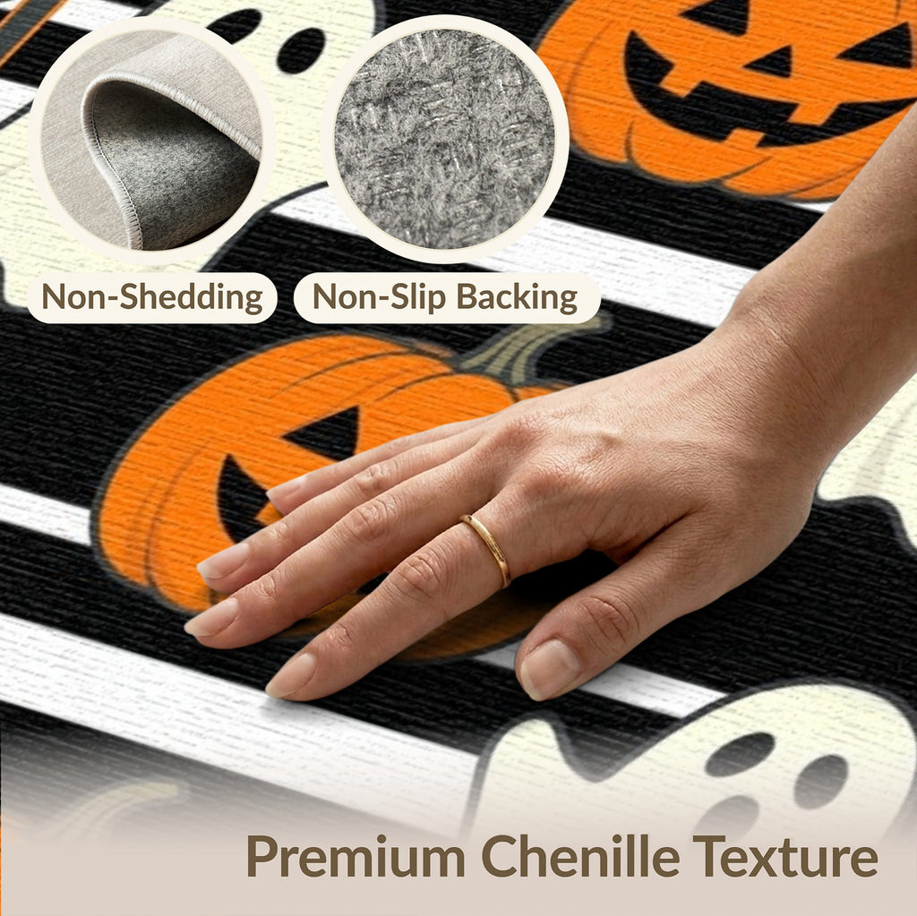 ODIKA Halloween Spooky Pumpkin Phantom Striped Entrance Door Doormat for Playroom, Bedroom, Reading Nook, Pet Friendly & Kids Safe Play