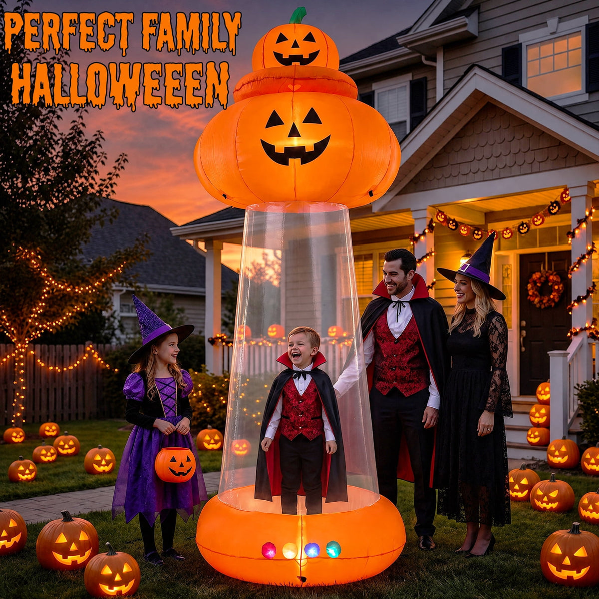 BSHAPPLUS® 9 ft Halloween Pumpkin UFO Inflatable,Walk-in Inflatable Yard Decor with Levitating Cow,Built-in LED Lights,Outdoor Blow up Decor for Lawn Garden Party,19.7ft Extra-Long Power Cord
