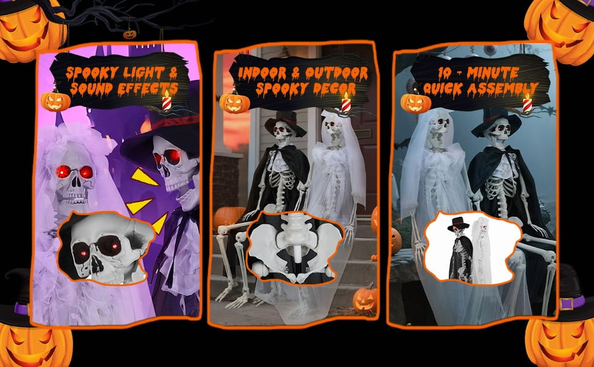 1 Pair 65" Halloween Skeleton, Life Size Full Body Bones Posable Skeleton, Halloween Bride Groom Skeleton, Simulated Skeleton with Movable Joints, Halloween Decoration-1 Pair