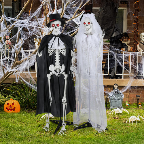 1 Pair 65" Halloween Skeleton, Life Size Full Body Bones Posable Skeleton, Halloween Bride Groom Skeleton, Simulated Skeleton with Movable Joints, Halloween Decoration-1 Pair