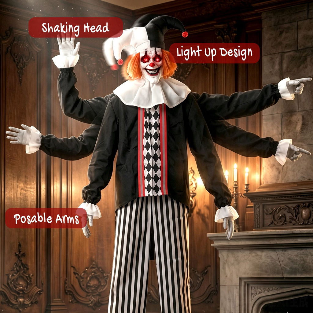 Halloween Animatronic Prop, 106.3 Inch Giant Animated Clown with Sound and Touch Activation, LED Eyes and Moving Arms for Indoor or Covered Outdoor Use