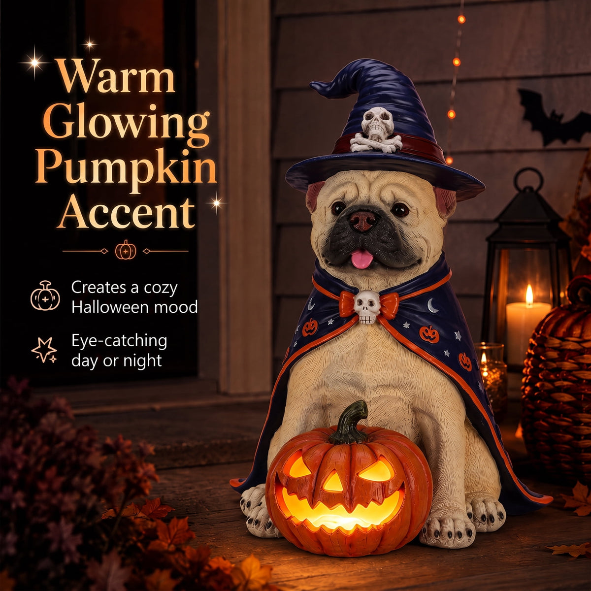 A7Store Halloween Golden Retrieve Dog Indoor Outdoor Porch Statue with Lighted Pumpkin, Pink Witch Hat and Cape