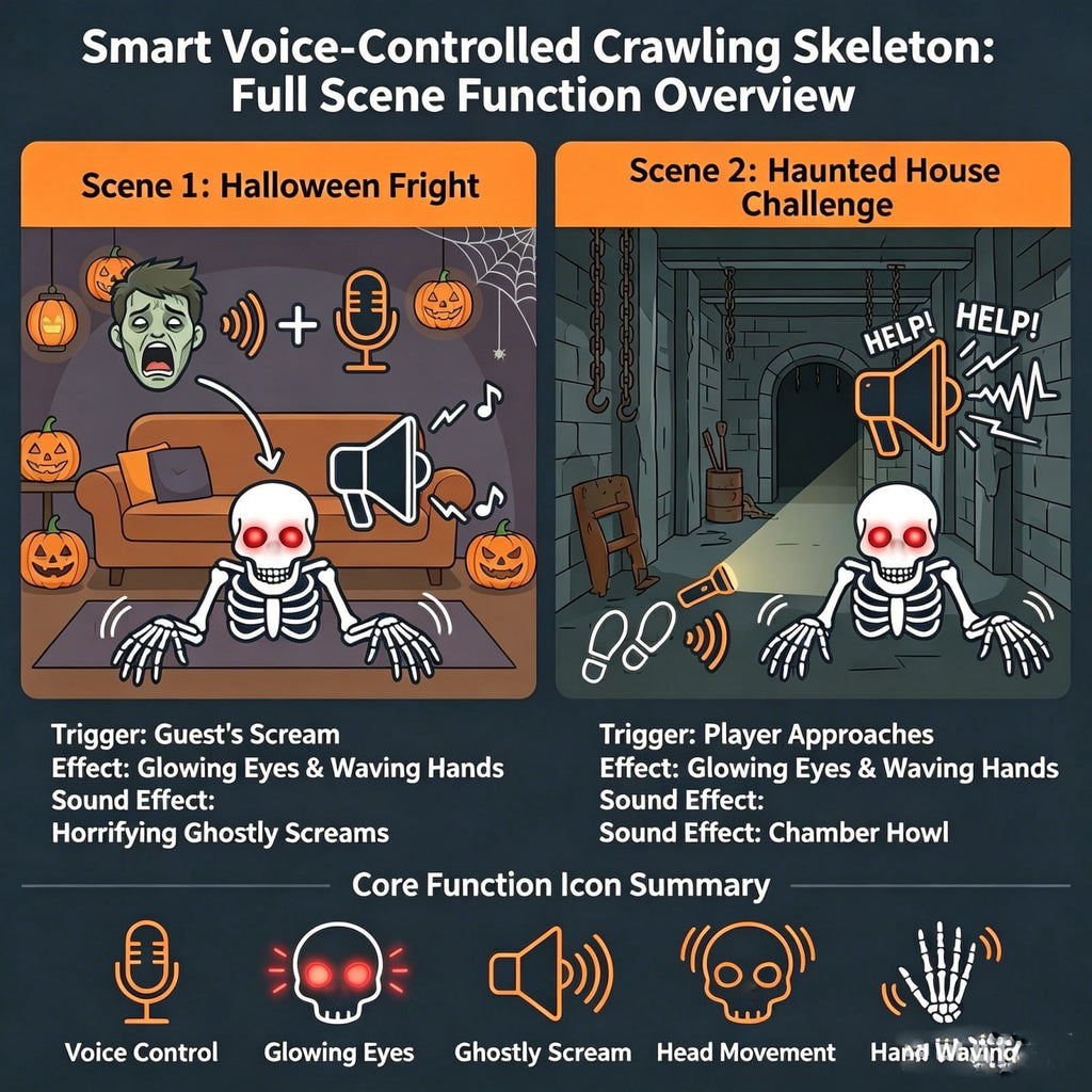 Voice Activated Crawling Skeleton, Halloween Prop Groundbreaker Skeleton with Red Glowing Eyes and Creepy Sound, Spooky Yard Decor for Outdoor Halloween Parties and Events, 12" W 36" L