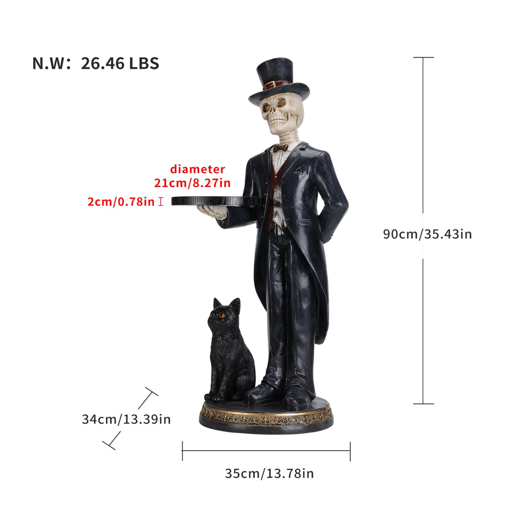 Aukfa Halloween Skeleton Butler Floor Statue with Serving Tray and Black Cat, Gothic Skeleton Decor for Entryway, Party and Home Decoration