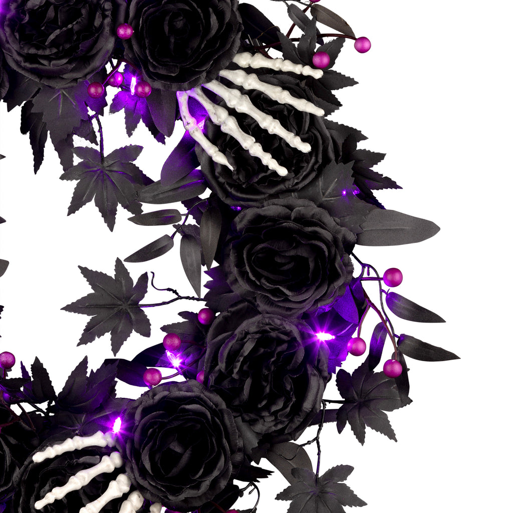 24 in. Artificial Bad to the Bone Halloween Wreath, 30 Purple LED Lights, Battery Operated, Timer