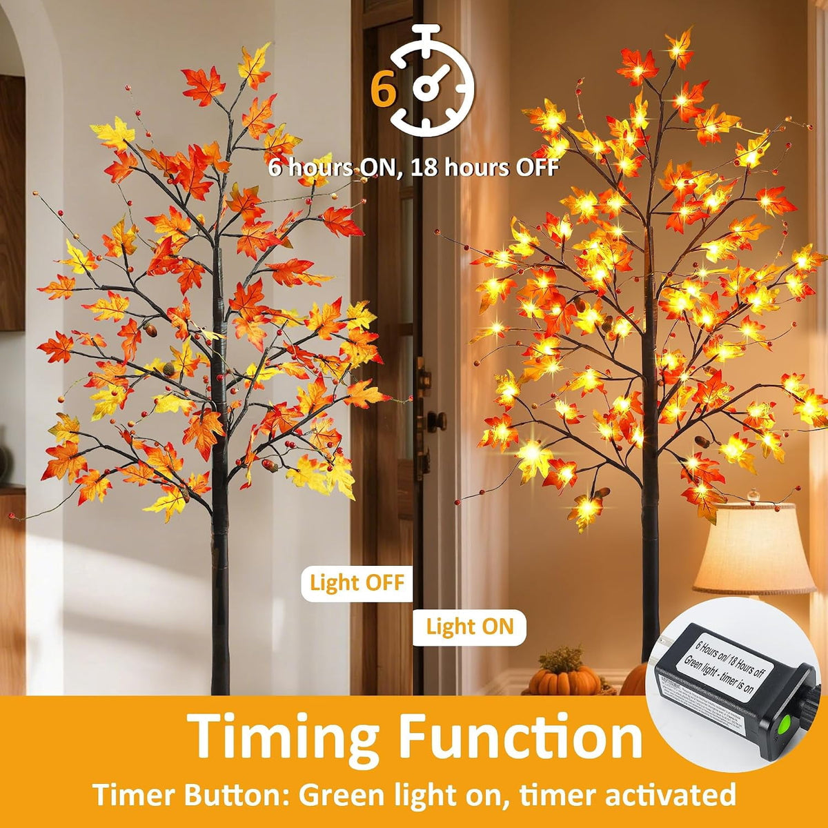 2 Pack LED Lighted Maple Tree, 5 FT Lighted Artificial Tree for Thanksgiving Harvest Fall Festival Halloween Home Party Decoration