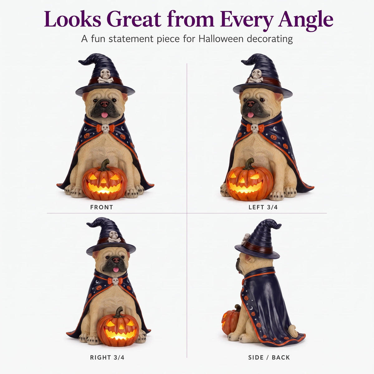 A7Store Halloween Golden Retrieve Dog Indoor Outdoor Porch Statue with Lighted Pumpkin, Pink Witch Hat and Cape