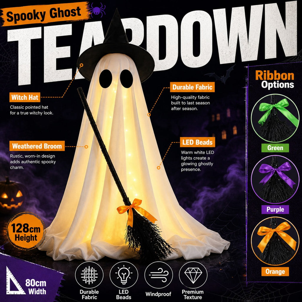 Standing Light Up Ghost with Witch Broom 40 In White 1 Pack