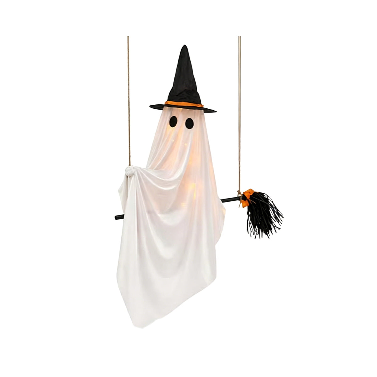 DIY Hanging Swing Ghost Halloween Decor, Flying Ghost on Broomstick with Witch Hat, Spooky Cute Outdoor Halloween Decorations for Front Porch Yard Tree, 3.61x4.33FT