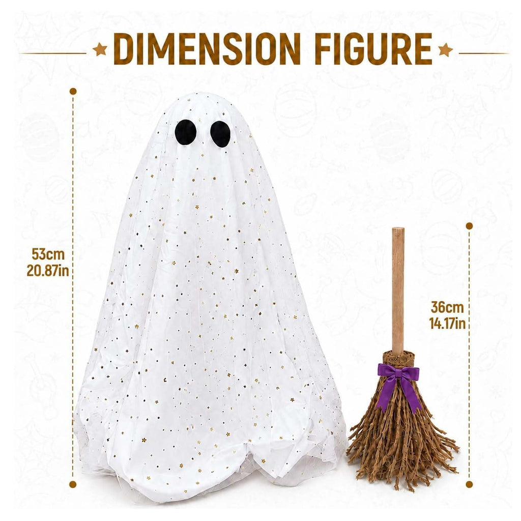 2 Pack Light Up Standing Tulle Ghost Halloween Decorations with Witch Hat, Warm LED Fairy Light Ghost Yard Stakes, Spooky Cute Ghost Outdoor Lawn Porch Mantel Home Halloween Party Decor