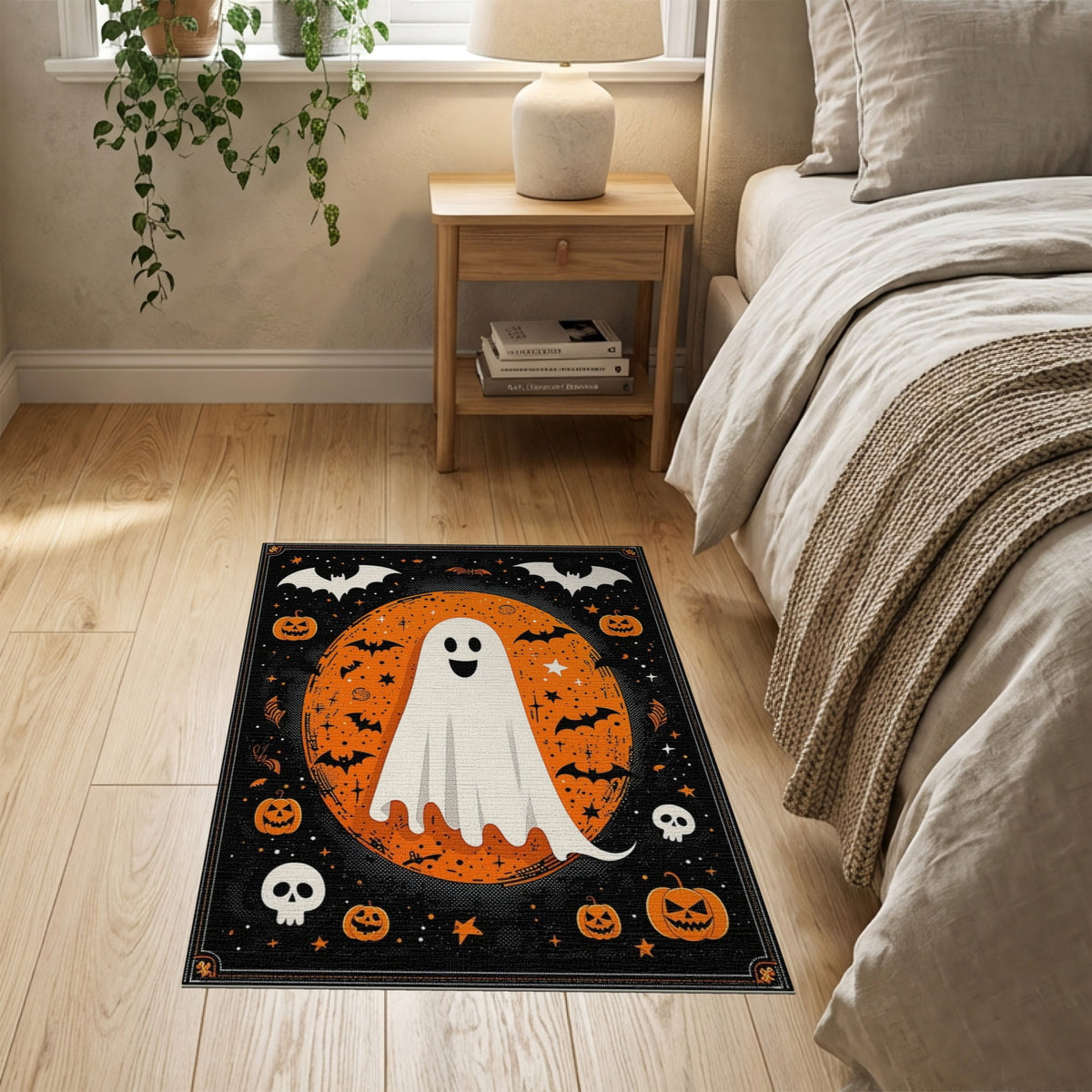 ODIKA Halloween Ghost Pumpkin Bat Skull Welcome Doormat Fiber Door for Dorm Room, Small Living Apartment, Stain Resistant Low Profile
