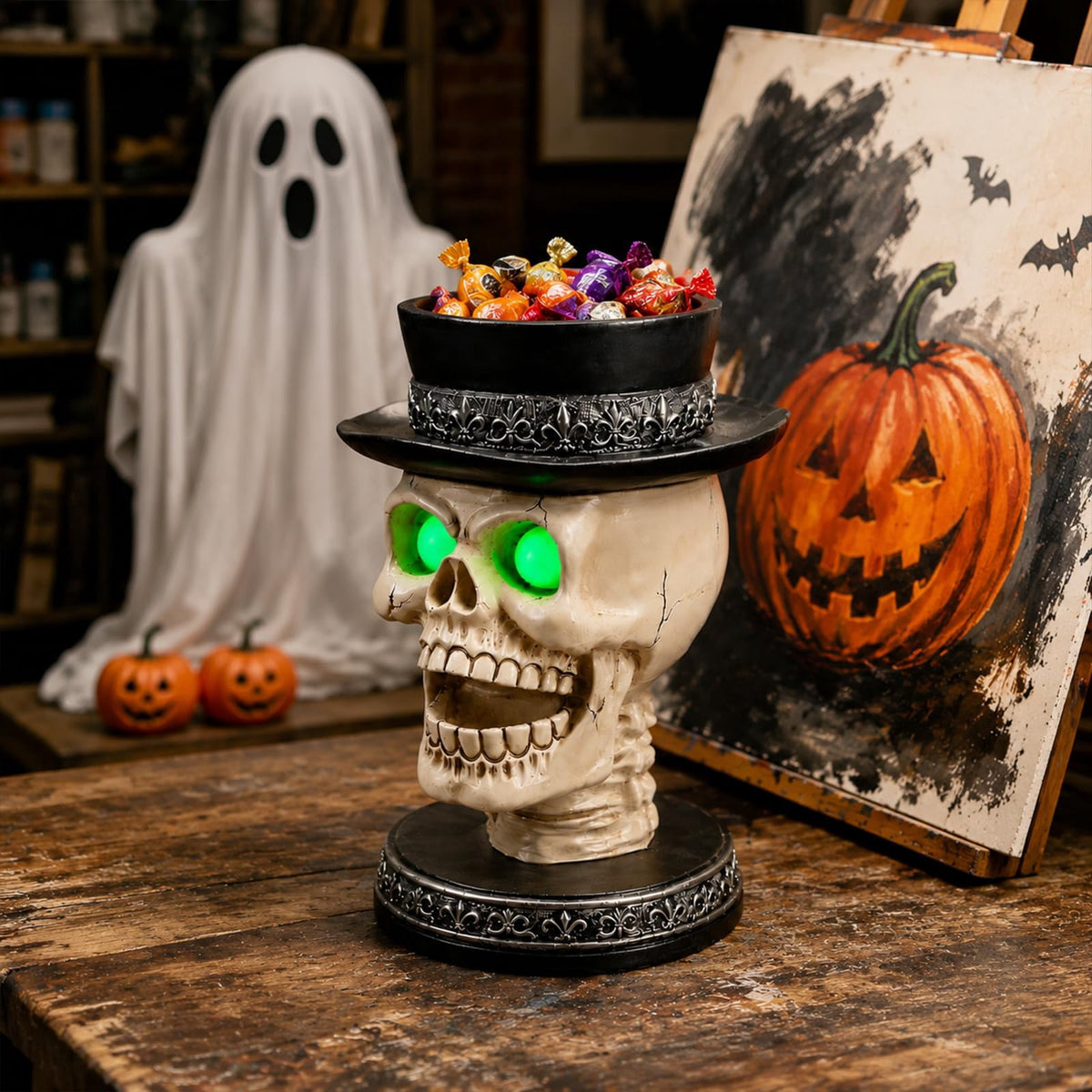 Halloween Ghost Statue with LED Glowing Eyes, Resin Ghost Figurine Tabletop Decor for Indoor Home, Mantel, Shelf, Entryway and Halloween Party Display