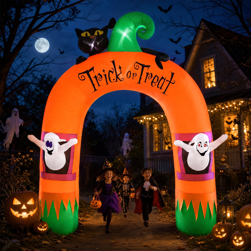 VETPW 10FT Large Halloween Inflatable Archway Decoration, Halloween Blow Up Lighted Archway with Ghost & Black Cat & Cornucopia, Trick & Treat Yard Garden Patio Lawn Outside Decor
