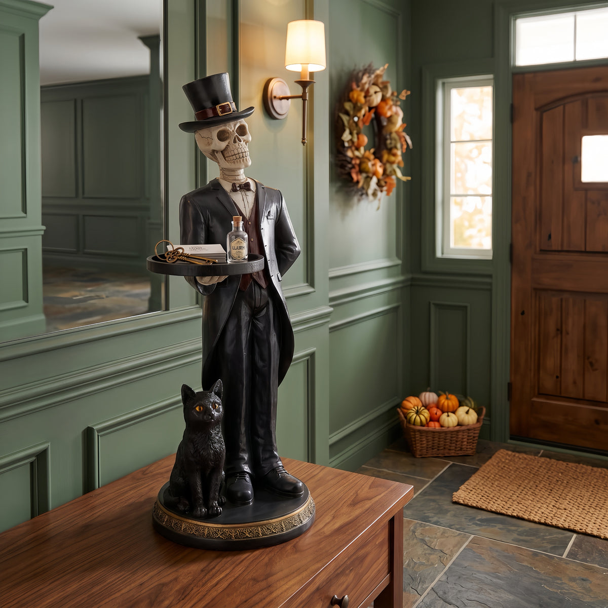 35" Halloween Skeleton Butler Floor Statue with Serving Tray & Black Cat, Gothic Resin Entryway Decor