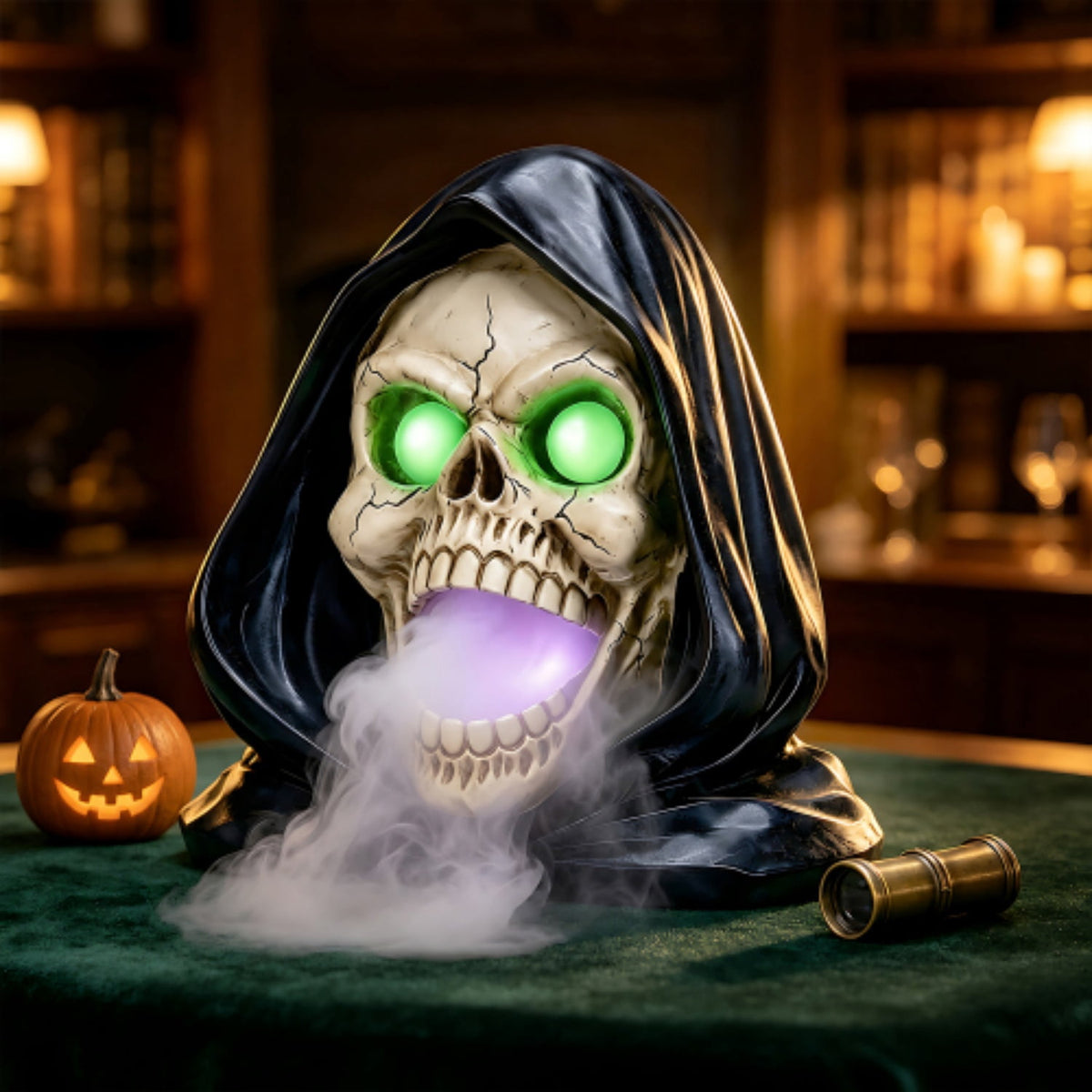 SpookHaven Halloween Jack‑O‑Lantern Pumpkin Mist Sprayer Figurine, LED Light‑Up Fogger with Witch Hat & Skull Decoration, Spooky Ornament for Tabletop Entryway Halloween Party Home Decor