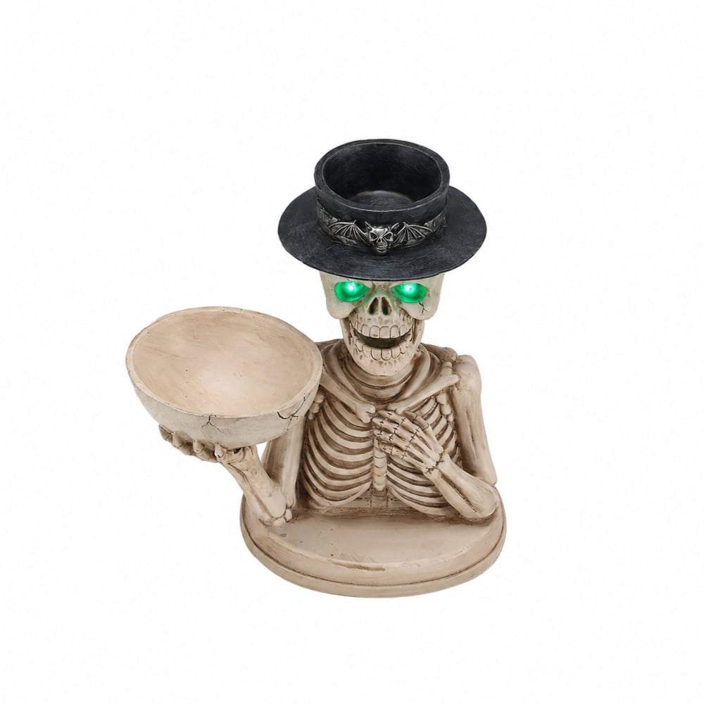Halloween Skeleton Butler Floor Statue with Serving Tray & Black Cat, Resin Gothic Home Decor for Entryway Porch Living Room
