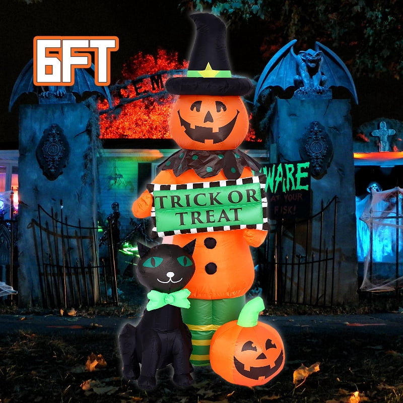 6FT Halloween Inflatables Black Cat Pumpkin Outdoor Decorations,Inflatable Trick or Treat Pumpkins with Build-in LEDs Lights, Air Blow Up Yard Decorations for Indoor Outdoor Garden Lawn Party