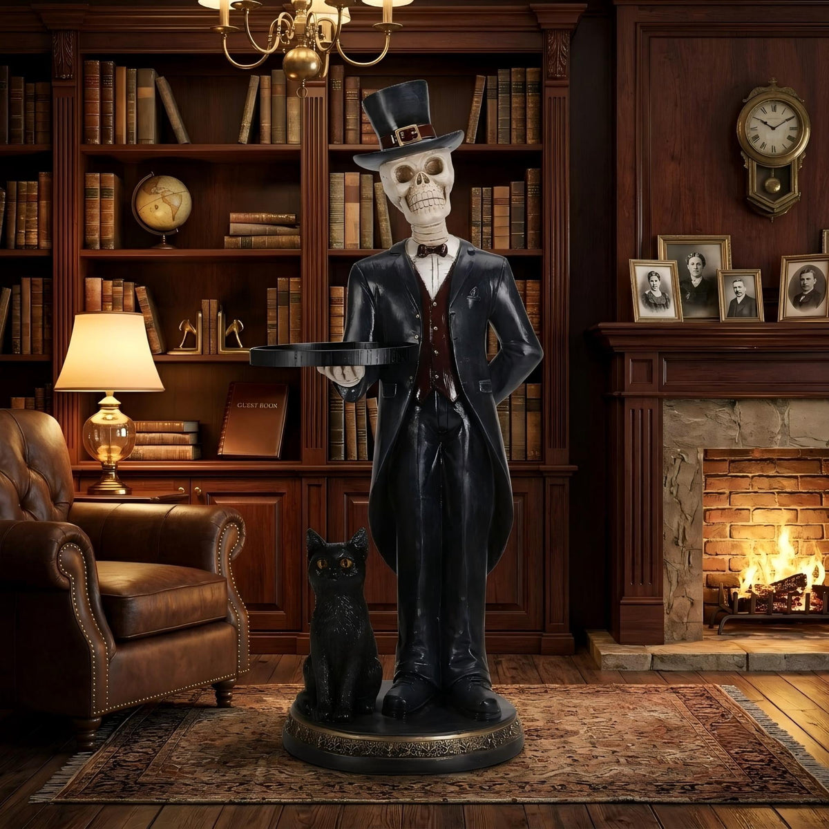 Aukfa Halloween Skeleton Butler Floor Statue with Serving Tray and Black Cat, Gothic Skeleton Decor for Entryway, Party and Home Decoration