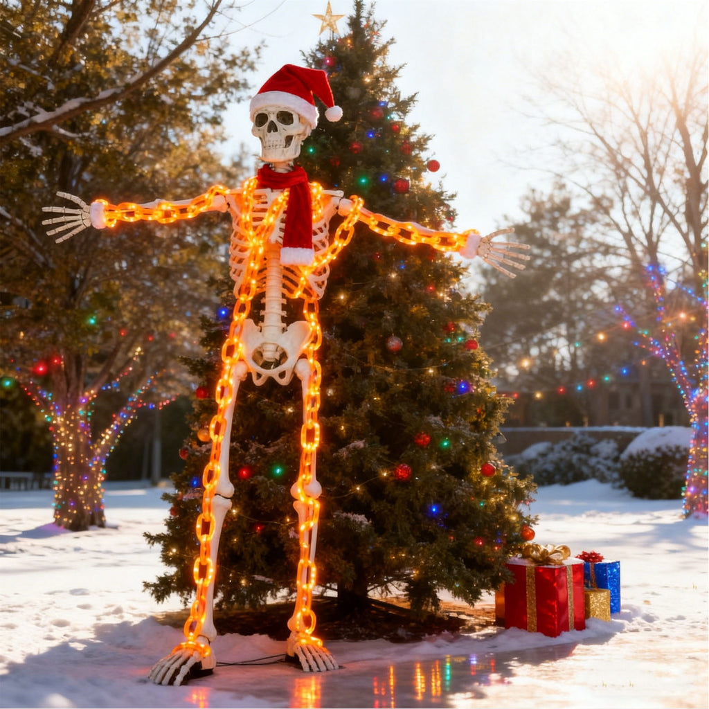 Lighted Up Giant Skeleton Christmas Outfit,12ft Skeleton Xmas Accessories Costume Including Giant Santa Hat,Scarf,10ft Chain Lights,Inflatable Candy Cane for Garden Lawn Indoor Outdoor Decor