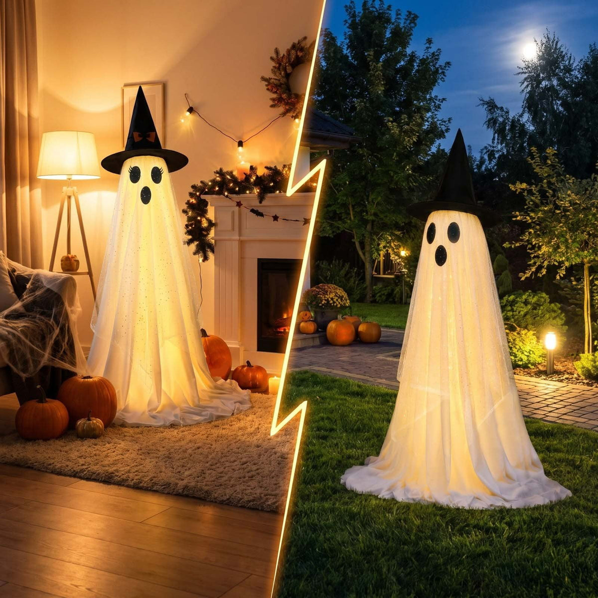 2 Pack Light Up Standing Tulle Ghost Halloween Decorations with Witch Hat, Warm LED Fairy Light Ghost Yard Stakes, Spooky Cute Ghost Outdoor Lawn Porch Mantel Home Halloween Party Decor
