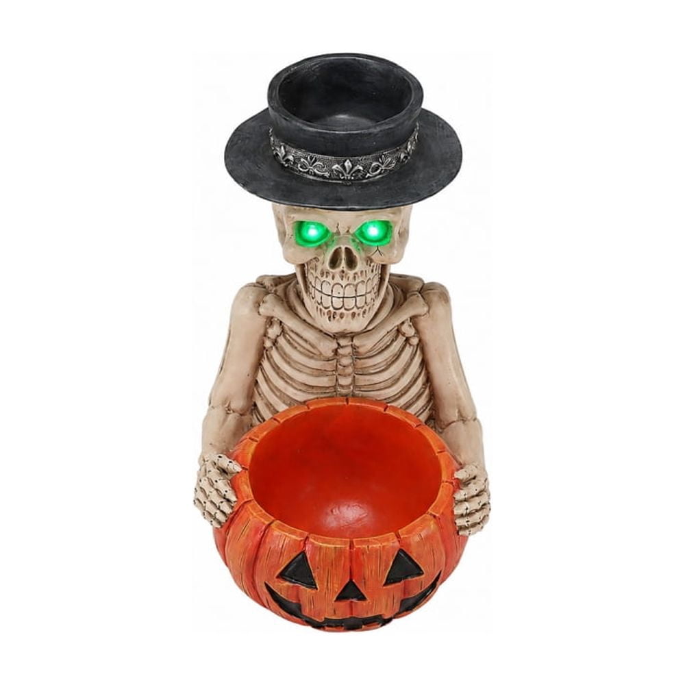 Halloween Skeleton Butler Floor Statue with Serving Tray & Black Cat, Resin Gothic Home Decor for Entryway Porch Living Room