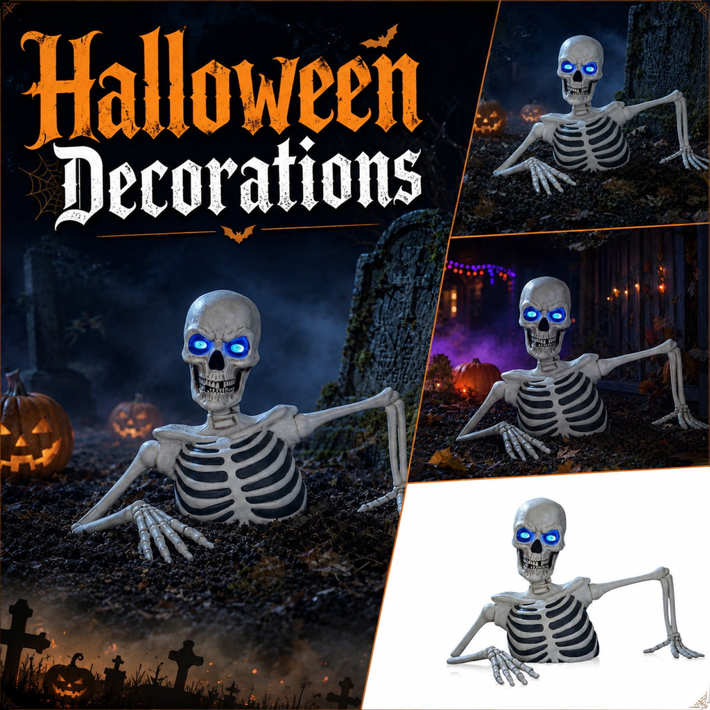 Halloween Groundbreaker Skeleton Statue, 11.8in Light Up Blue LED Eyes Skeleton Ground Breaker Outdoor Yard Lawn Porch Decor Gift