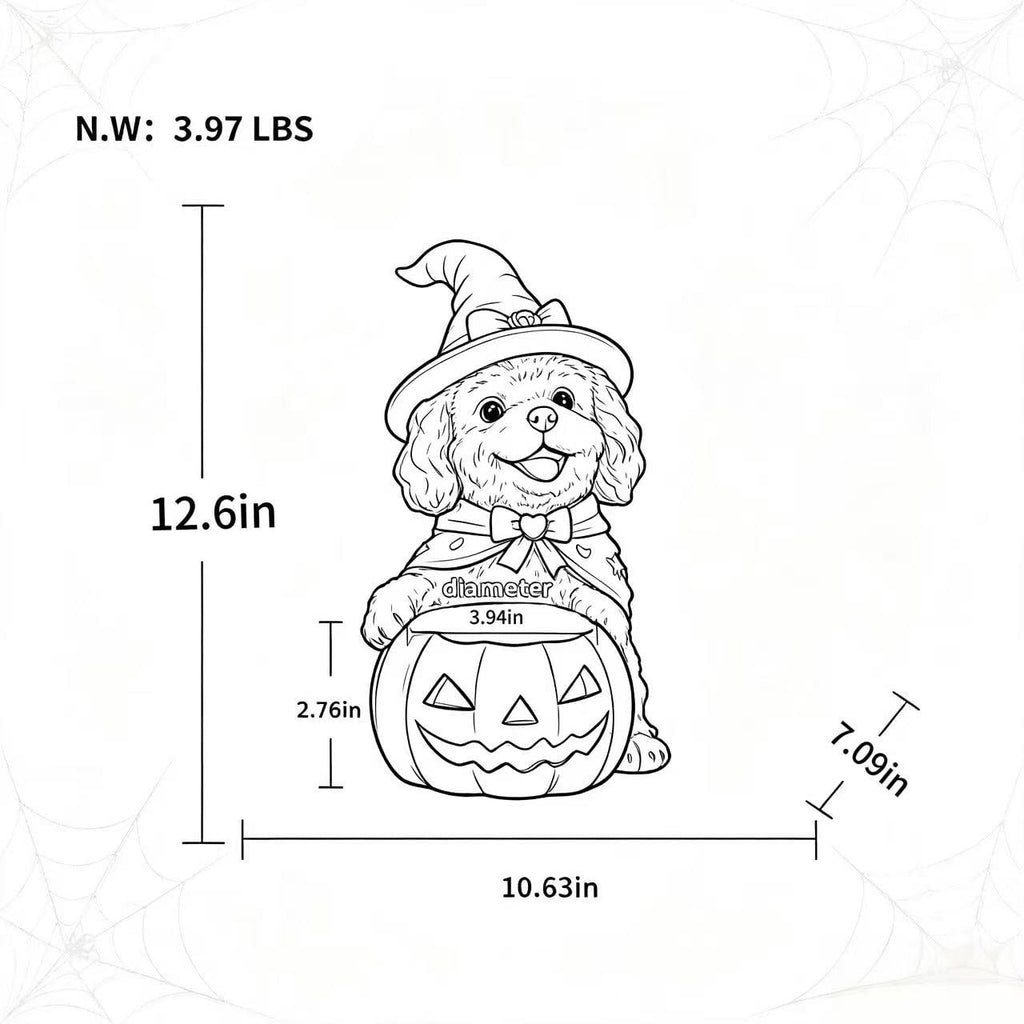 Halloween Witch Puppy Resin Figurine, White Teddy Dog with Pumpkin Candy Bowl for Home Tabletop Decor