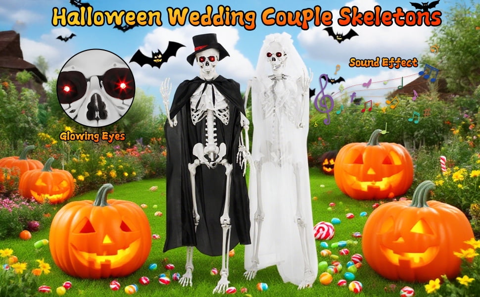 Floseru Halloween Skeleton Bride and Groom, Life Size 65 Inch Couple Set with Sound and Light Effects, Poseable Joints, for Spooky Party Decoration