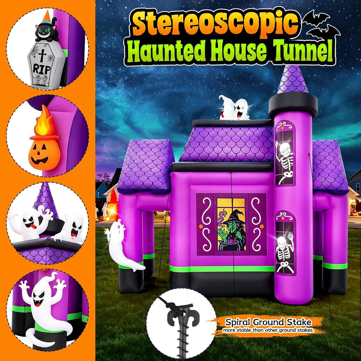 Kalolary 12FT Witch Haunted House Halloween Inflatable Archway, Purple Tunnel Bounce House Halloween Blow up Outdoor Decorations for Yard Festival Party