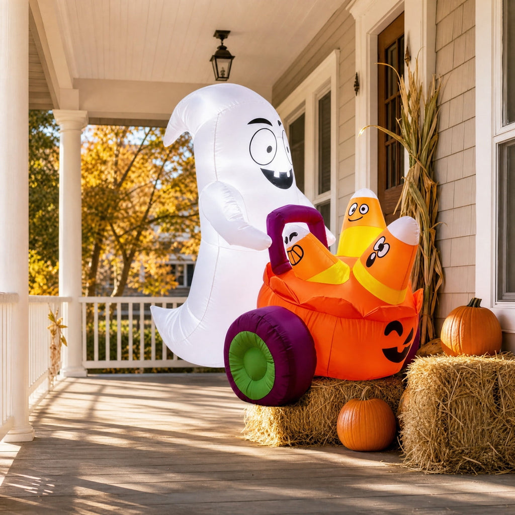HHJZPR Halloween Inflatable Ghost Driving Pumpkin Cart Yard Decor, 59.06in Built-in LED Light Blow Up Candy Corn Pumpkin Trolley Outdoor Lawn Holiday Ornament
