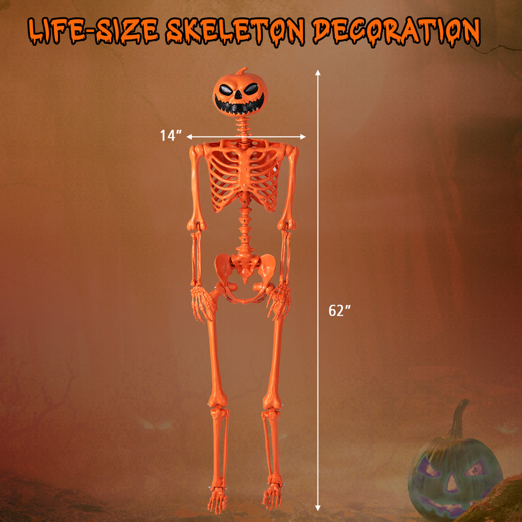 Gymax 5.2 Ft Halloween Skeleton Decoration w/ Pumpkin Head 7 Moving Joints Orange