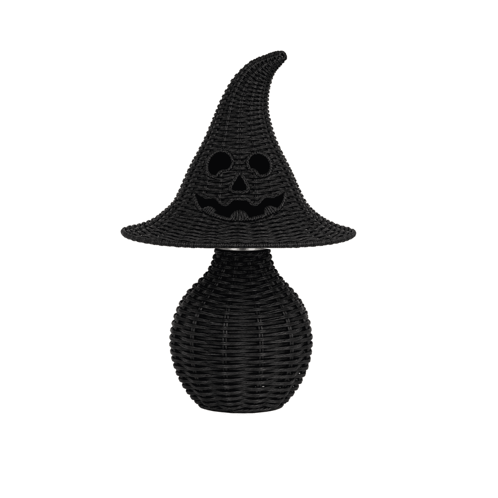Lighted Halloween Table Centerpiece, Witch Hat Pumpkin Lamp, Black Woven Rattan Halloween Decor Indoor, Glowing Tabletop Decoration for Party Home