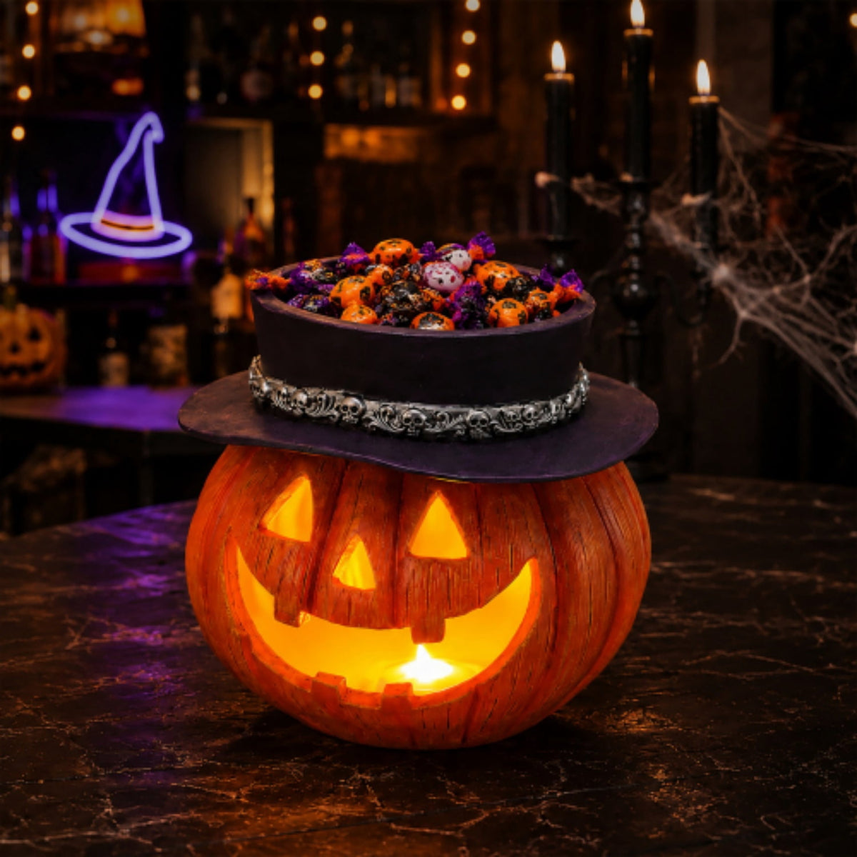 SpookHaven Halloween Jack‑O‑Lantern Pumpkin Mist Sprayer Figurine, LED Light‑Up Fogger with Witch Hat & Skull Decoration, Spooky Ornament for Tabletop Entryway Halloween Party Home Decor