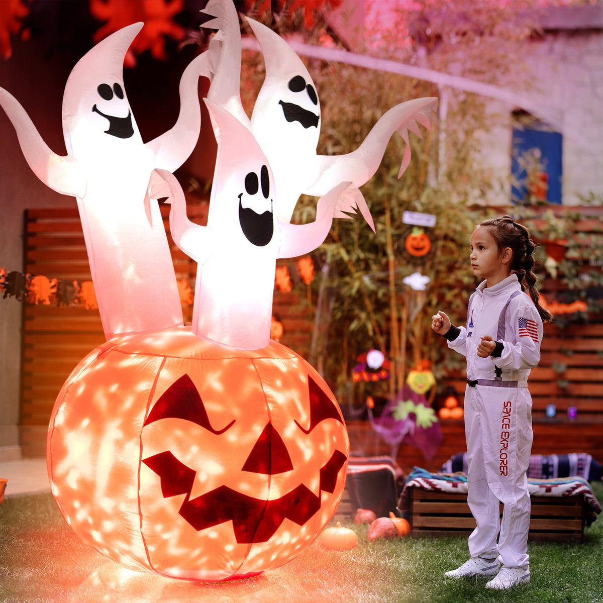 Patiojoy 6FT Halloween Inflatable Decorations 3 White Puppets on Pumpkin Halloween Pumpkin Dolls Decor w/ Build-in LED Lights