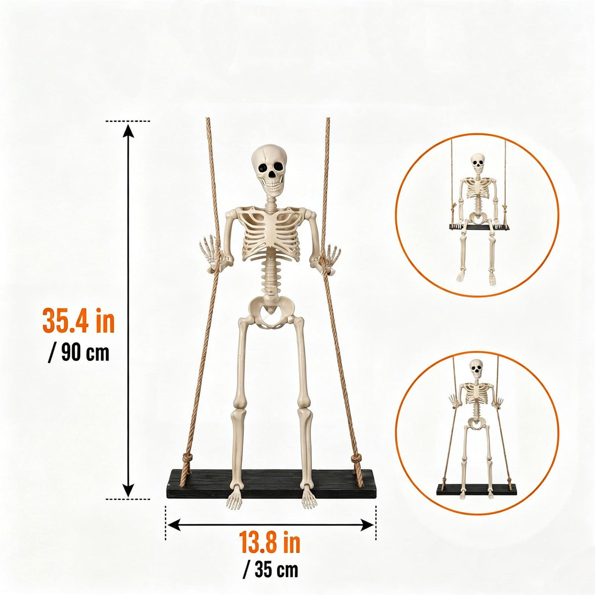 XHKUYI Halloween Swinging Skeleton Decoration 35.4 inch, Hanging Skeleton with Black Wood Base, Spooky Halloween Skeleton Decorations for Yard, Porch, Tree, Party