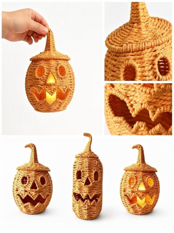 Lighted Halloween Table Centerpiece, Witch Hat Pumpkin Lamp, Black Woven Rattan Halloween Decor Indoor, Glowing Tabletop Decoration for Party Home