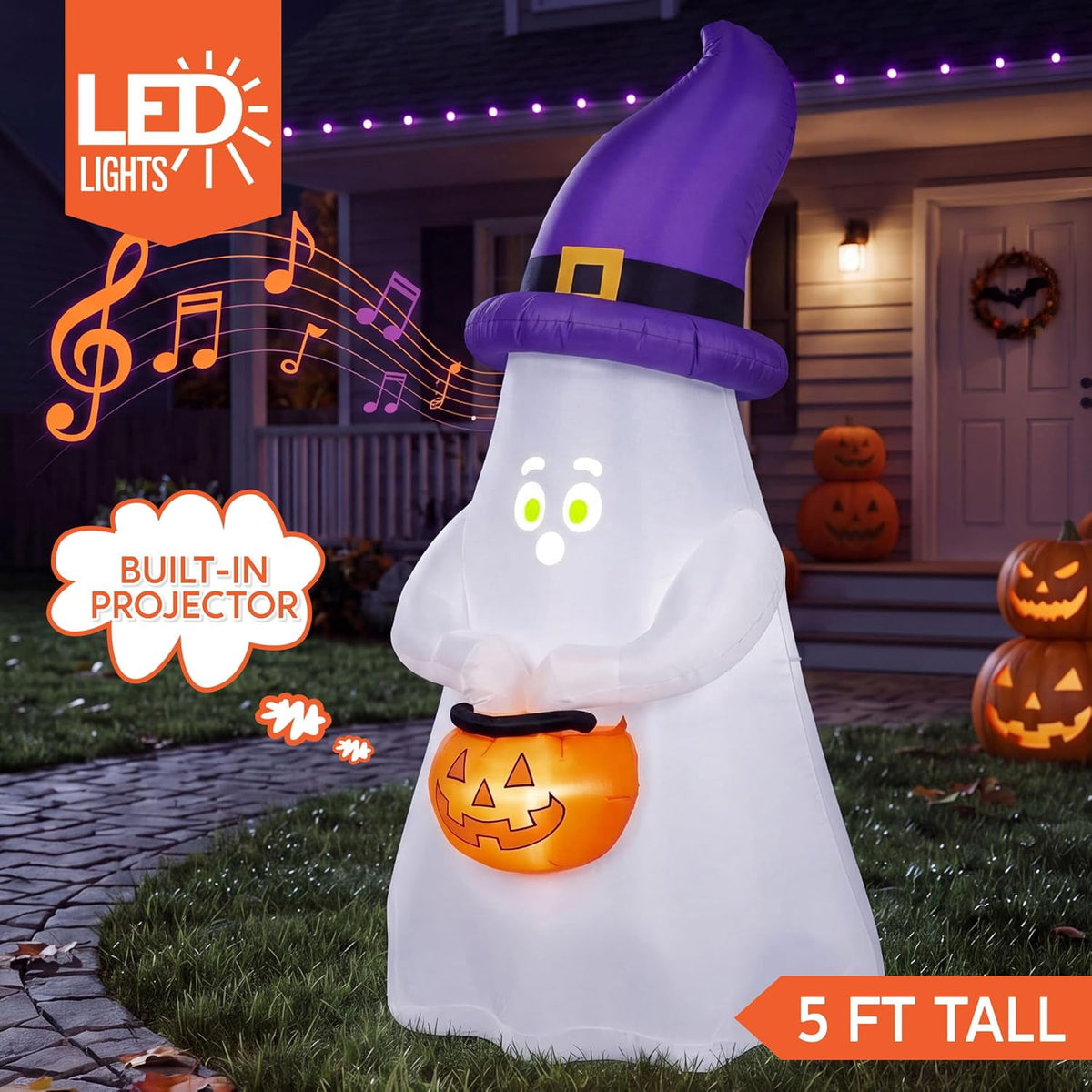 Joyfy 5 Ft Tall Halloween Inflatable Pumpkin,Blow Up Pumpkin with Projector Face and Music Lights,Outdoor Decorations for Yard,Garden,Lawn,Party