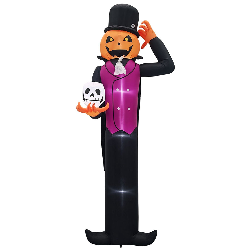 12FT Halloween Inflatable Pumpkin Man Holding Skull Outdoor Decor with Built-in LED Lights Waterproof Polyester Blow Up Yard Ornament