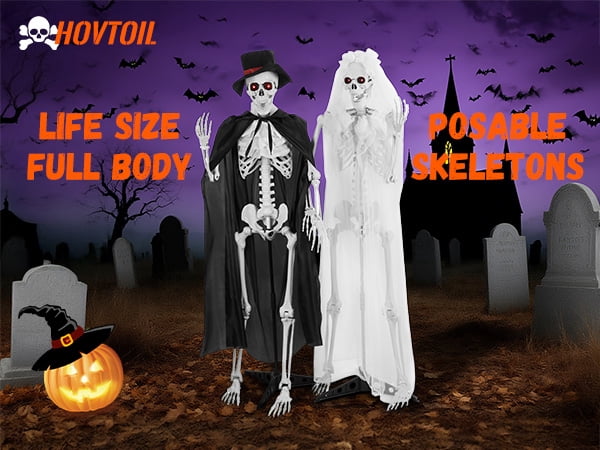 Floseru Halloween Skeleton Bride and Groom, Life Size 65 Inch Couple Set with Sound and Light Effects, Poseable Joints, for Spooky Party Decoration
