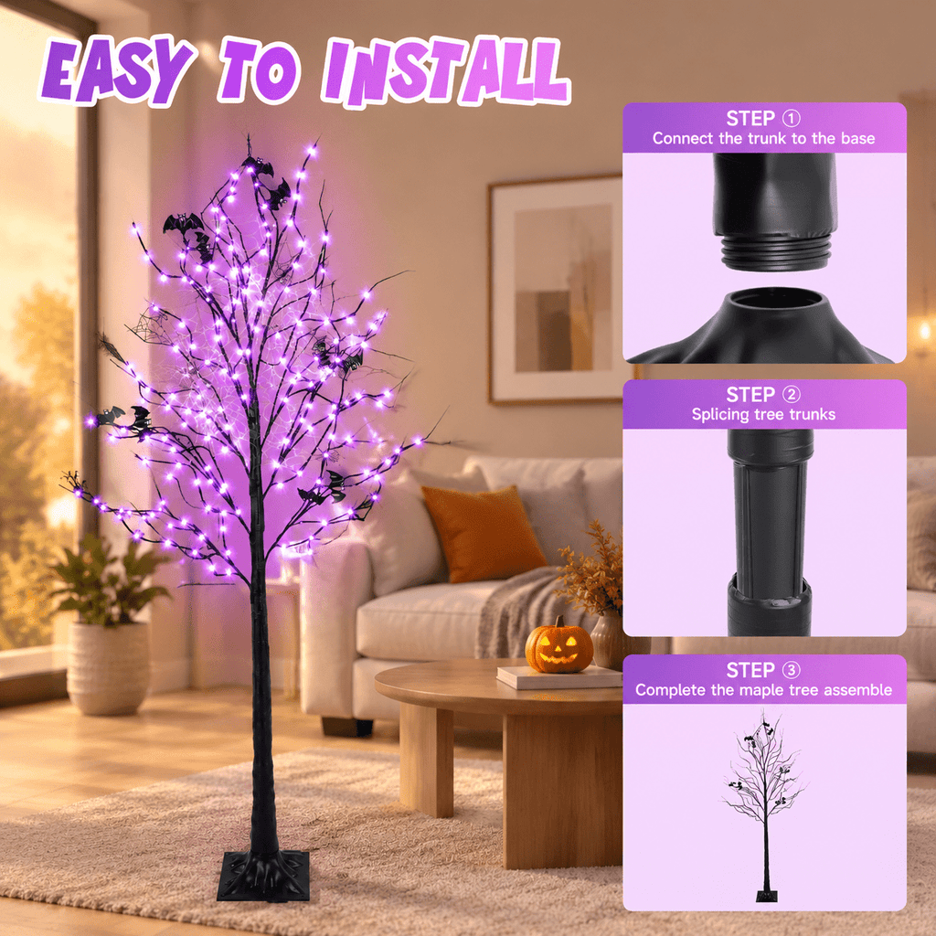 Lighted Tree With 260 Led Lights 6ft Black Timer 8 Modes Dimmable Web & Bats Diy Indoor Outdoor Decorations