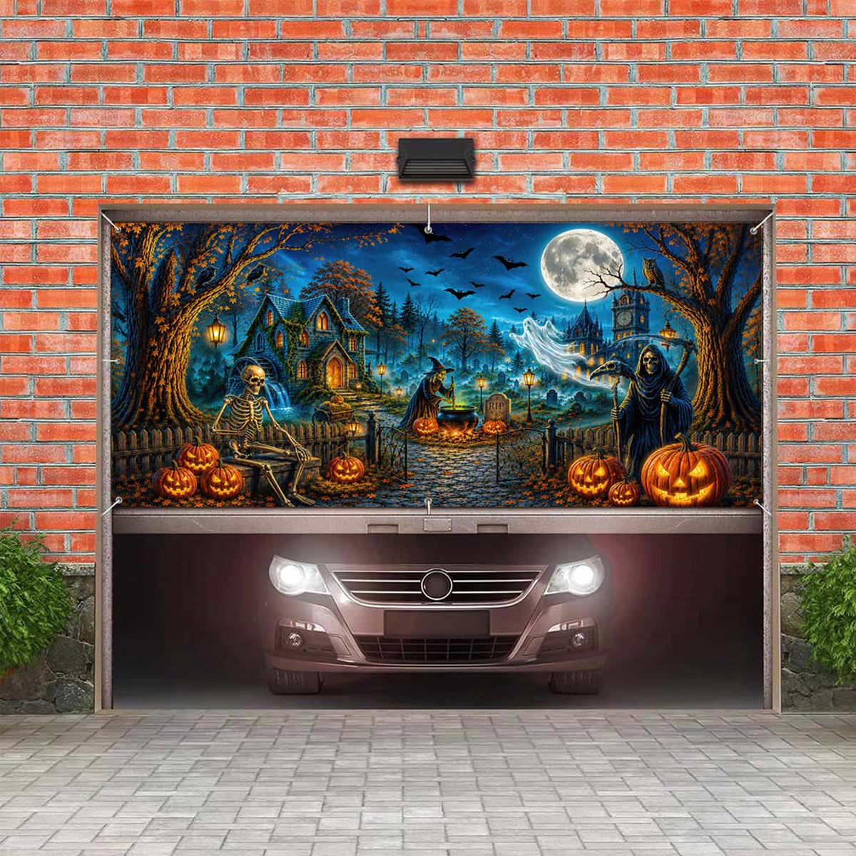 16X7ft Halloween Garage Door Cover Decorations, Spooky Skeletons Pumpkin Large Garage Wall Backdrop Hanging Banner for Halloween Yard Indoor Outdoor Party Decor