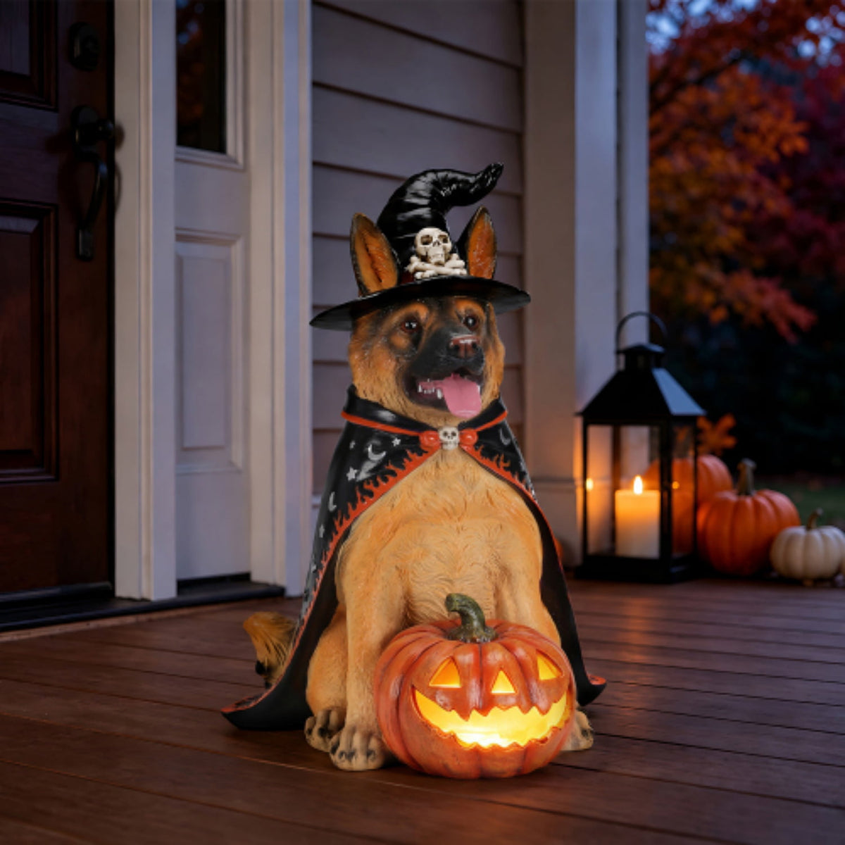 SpookHaven Halloween Jack‑O‑Lantern Pumpkin Mist Sprayer Figurine, LED Light‑Up Fogger with Witch Hat & Skull Decoration, Spooky Ornament for Tabletop Entryway Halloween Party Home Decor